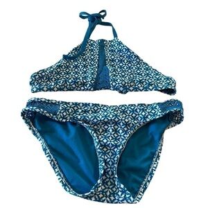 Mossimo Two Piece Bathing Suit bikini blue white crochet details size medium GUC
